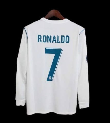 Real Madrid UCL Local 17-18 Cristiano Ronaldo #7 Retro Jersey Manga Larga Réplica Premium